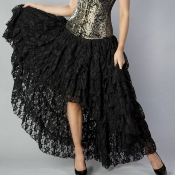 BURLESKA AMELIA SHEER BLACK FLORAL LACE HI LOW GOTHIC SKIRT UK XL / XXL WEDDING